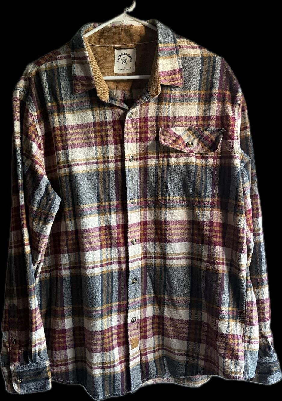 Dubinik 100% Cotton Heavyweight Flannel Shirt Mens L Corduroy Trim Plaid